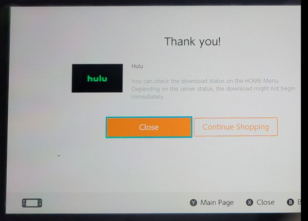 Nintendo Switch eShop Hulu Thank You Close Button