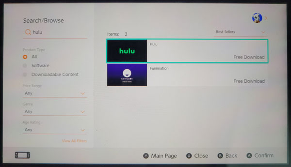 Nintendo Switch eShop search results for Hulu