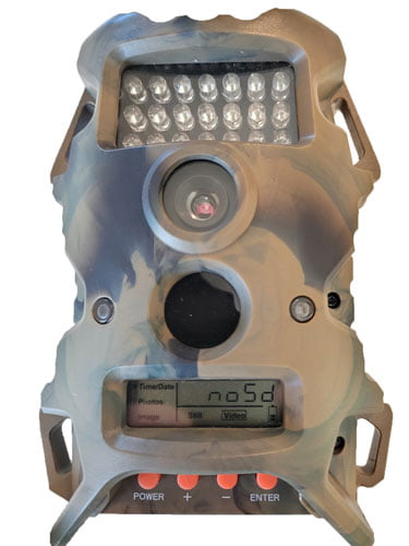 Wildgame Innovations trail camera with No SD card message.